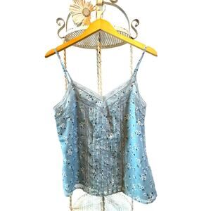 Abercrombie & Fitch Top Camisole Dainty Blue White Floral pin-tuck lace Trim Med